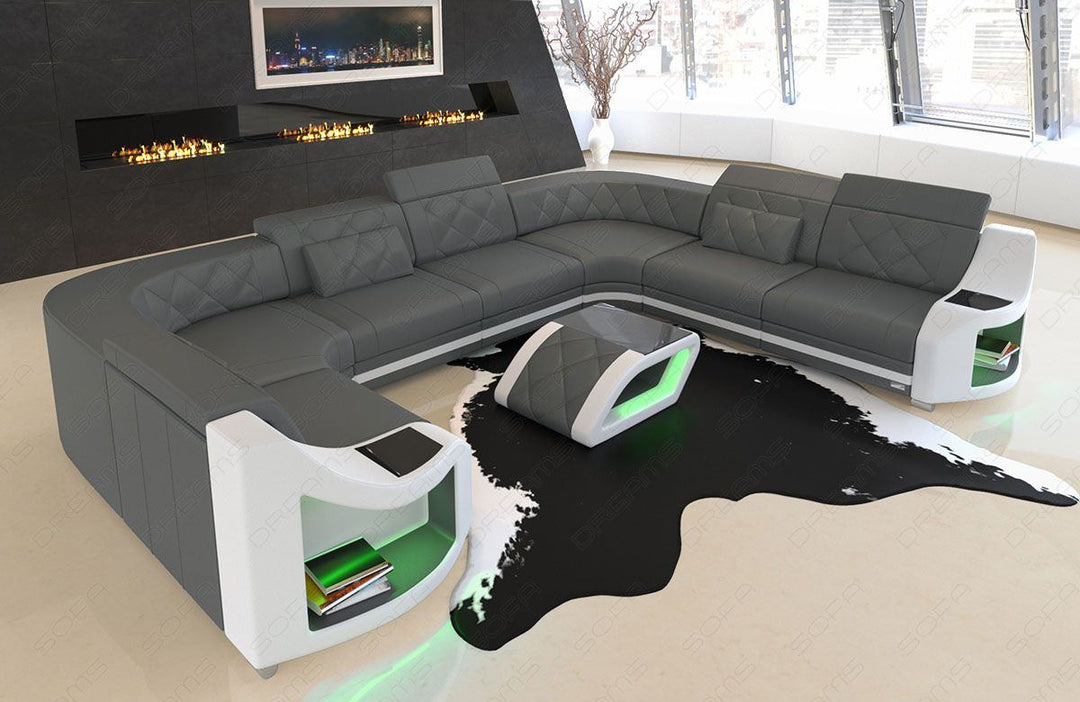 U Form Mini Ledersofa Genua mit USB und auch LED in grau - weiss