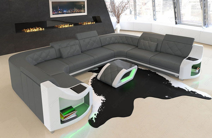 U Form Mini Ledersofa Genua mit USB und auch LED in grau - weiss