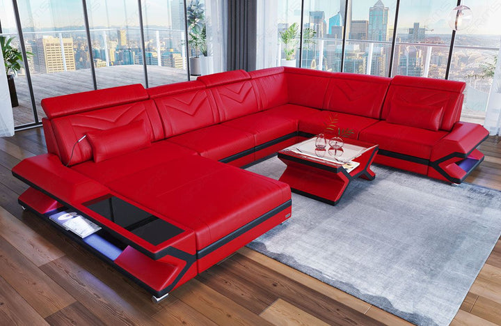 XXL Ledersofa Napoli in der Mini U Form in rot-schwarz mit LED Beleuchtung