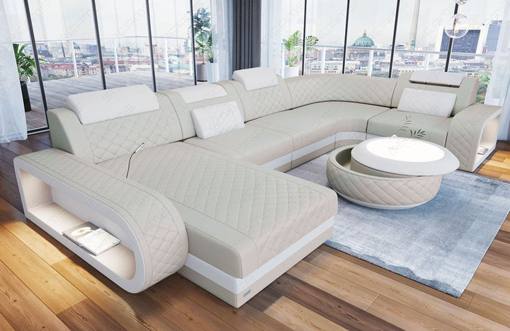 Ledersofa U Form Chesterfield Ottomane Berlin LED - Leder beige - weiss
