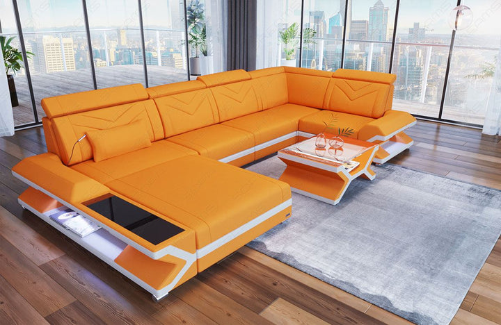 Mini U Form Stoffsofa Napoli -Sofa mit LED und USB in apricot - Mineva16