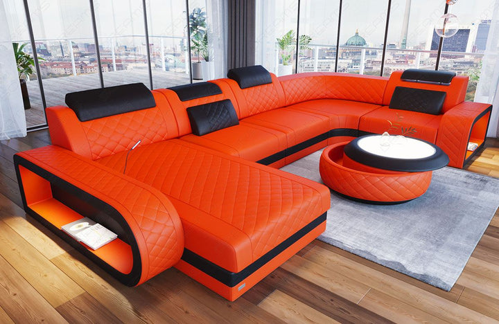 Ledersofa U Form Chesterfield Ottomane Berlin LED - Leder orange - schwarz