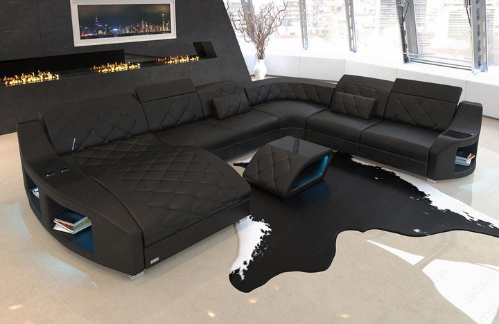 Moderne XXL Wohnlandschaft Swing in Leder mit kÃ¼hlenden Becherhaltern in schwarz