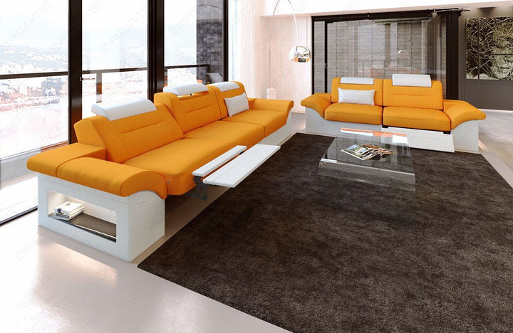 Stoff Couchgarnitur Mikrofaser Monza in orange - Mineva16 - Die LED Beleuchtung, USB Anschluss und Relaxfunktion sind optional erhÃ¤ltlich.