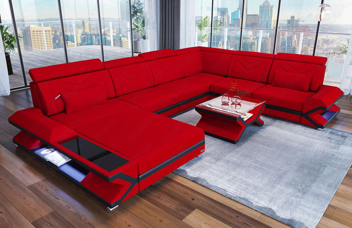 XXL Stoffsofa Napoli U Form Mini Sofa mit LED in rot - Mineva20