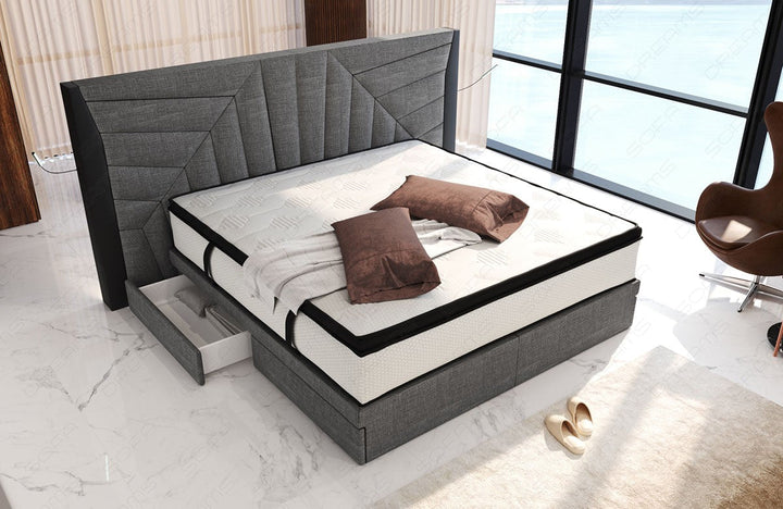 Polster Boxspringbett Monaco mit LED Beleuchtung und Schubladen in grau - Hugo5 - Nebenfarbe schwarz