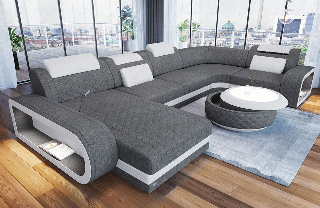Design Polstersofa Berlin U Form mit Ottomane in grau - Hugo5 Strukturstoff