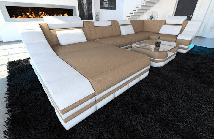 Stoff Wohnlandschaft Turino U Form mit LED in beige - Mineva4
