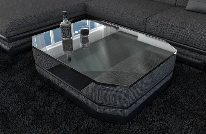 Stoff Couchtisch Turino mit Sicherheitsglasplatte in schwarz-grau - Hugo12 Strukturstoff