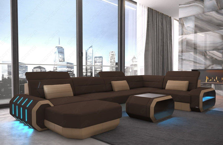 XXL U Form Stoffsofa Roma Mini mit LED in dunkelbraun - Mineva7