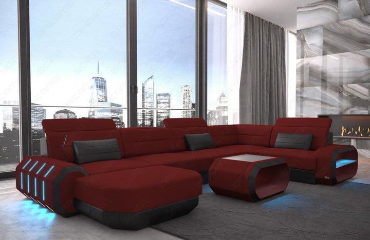 XXL U Form Stoffsofa Roma Mini mit LED in dunkelrot - Mineva10 Mikrofaser Stoff