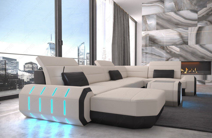 XXL U Form Stoffsofa Roma Mini mit LED in elfenbein - Mineva1 Mikrofaser Stoff