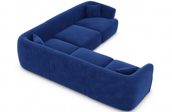Designer Polsterstoff Ecksofa Tabarca L Form mit Samtstoff Bezug in Dunkelblau