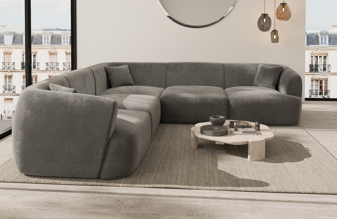 Designer Polsterstoff Ecksofa Tabarca L Form mit Samtstoff Bezug in Dunkelgrau