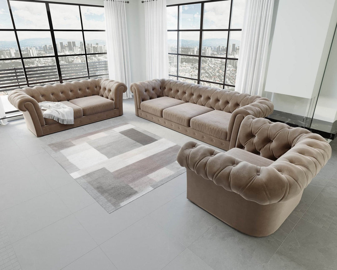 Designer Sofa Garnitur Vicenza 3-2-1 mit Samtstoff Bezug in Braun