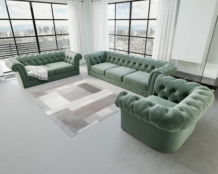 Designer Sofa Garnitur Vicenza 3-2-1 mit Samtstoff Bezug in GrÃ¼n