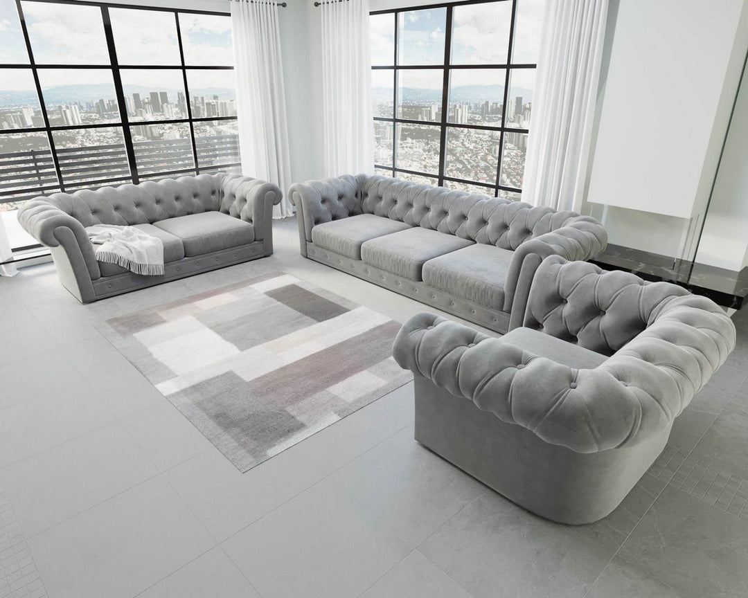 Designer Sofa Garnitur Vicenza 3-2-1 mit Samtstoff Bezug in Hellgrau
