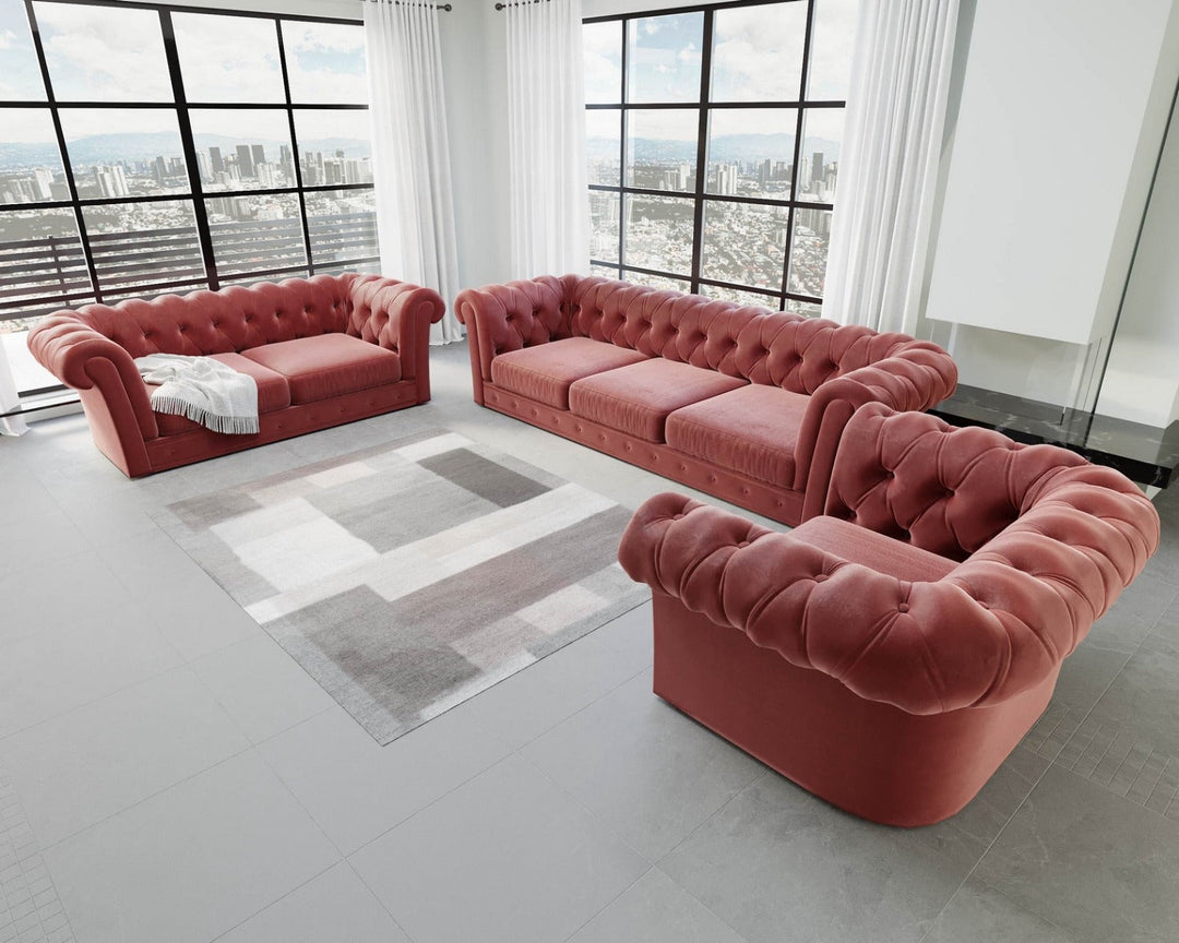 Designer Sofa Garnitur Vicenza 3-2-1 mit Samtstoff Bezug in Rot