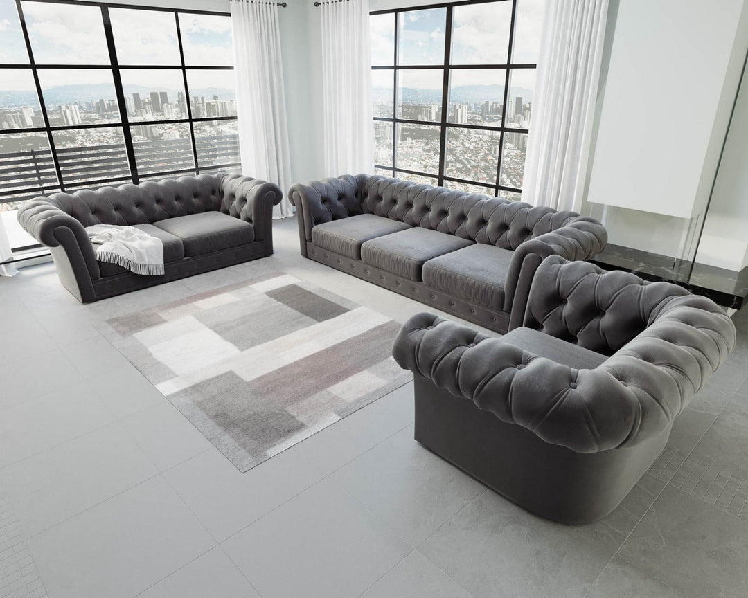 Designer Sofa Garnitur Vicenza 3-2-1 mit Samtstoff Bezug in Schwarz