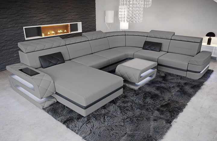 XXL Stoffsofa Bologna Mini U Form Sofa mit LED in hellgrau - Mineva12 Akzentfarbe schwarz