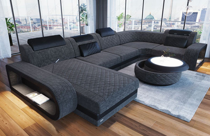 Sofa Berlin U Form in Stoff als Stoffsofa Mini in schwarz-grau - Hugo12 Strukturstoff