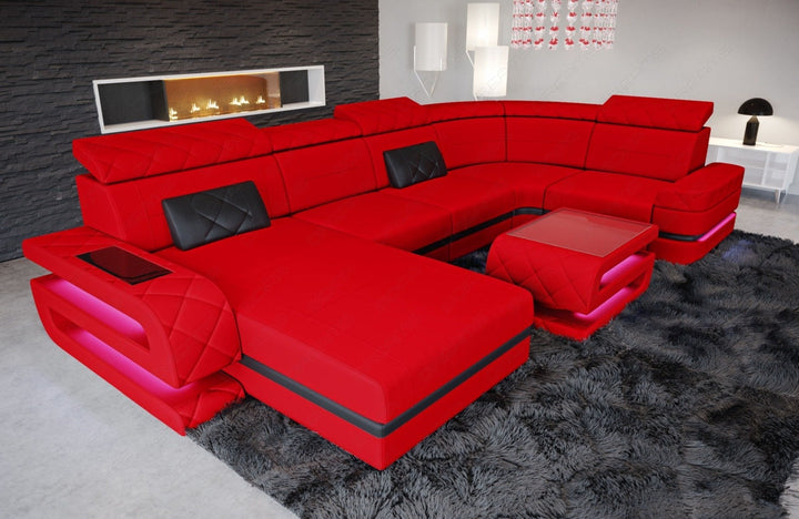 Mini Stoffsofa Bologna U Form in rot - Mineva 20 - Akzentfarbe schwarz