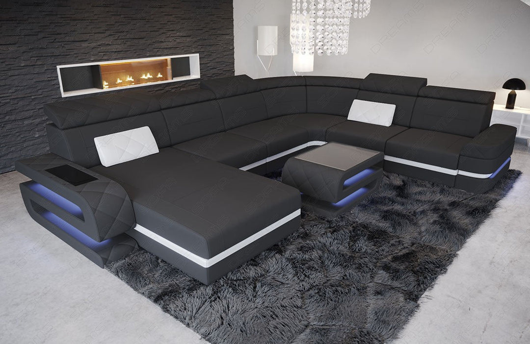 XXL Stoffsofa Bologna Mini U Form Sofa mit LED in dunkelgrau - Mineva8 Akzentfarbe weiÃŸ