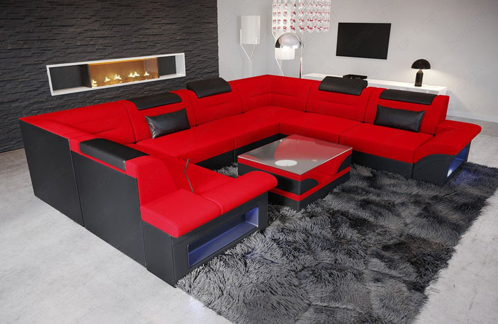 Design Wohnlandschaft Brianza U Form in Mineva 20 rot - Akzentfarbe schwarz