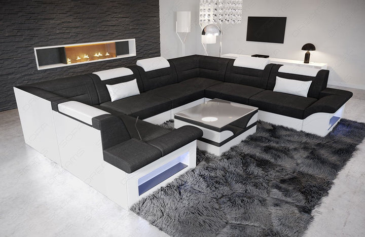 Designer Wohnlandschaft Brianza U Form in Hugo14 schwarz - Akzentfarbe weiss
