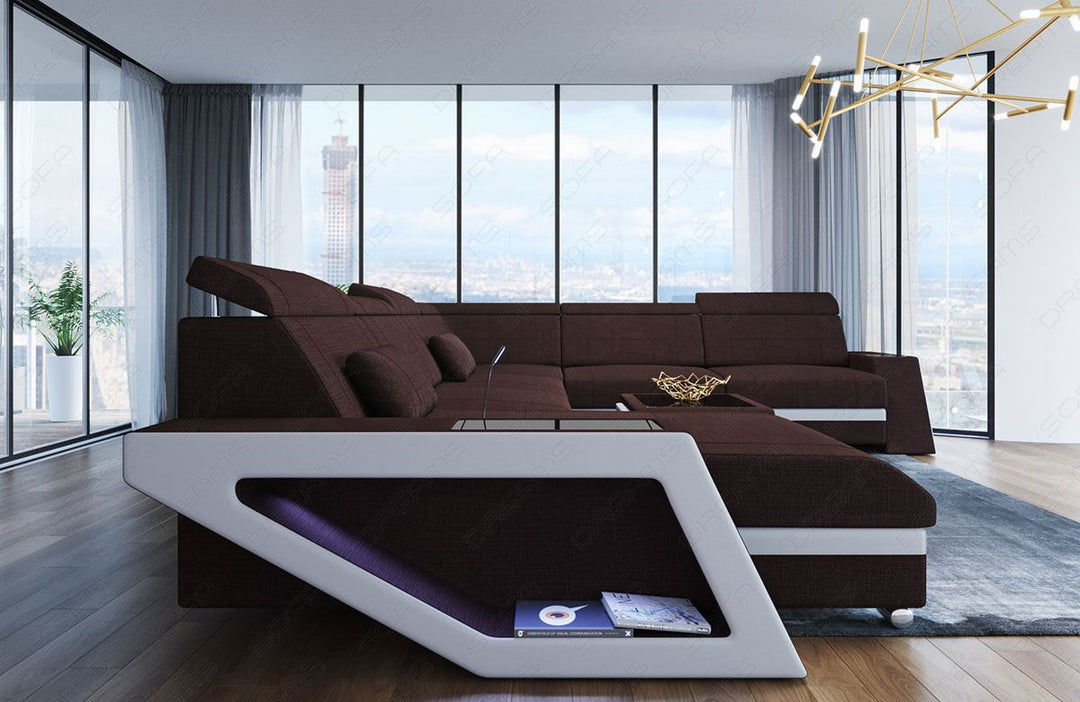 XXL Sofa Catania U Form Mini Stoffsofa mit LED in graubraun - Hugo16 Strukturstoff