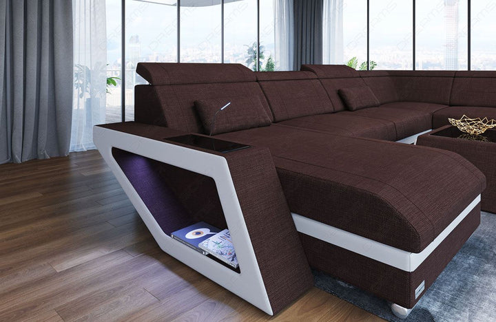 XXL Sofa Catania U Form Mini Stoffsofa mit LED in graubraun - Hugo16 Strukturstoff