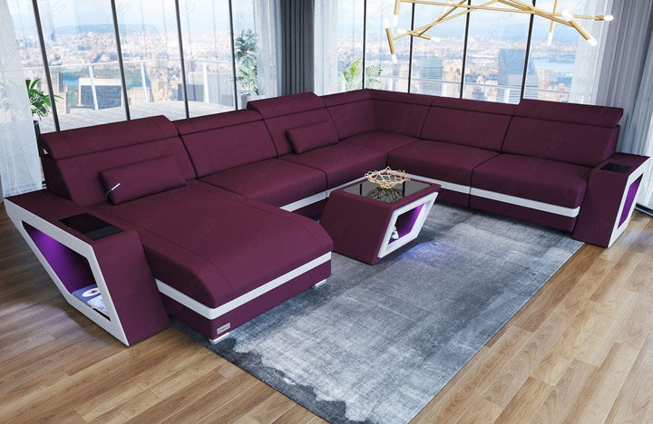XXL Sofa Catania U Form Mini Stoffsofa mit LED in lila - Mineva13