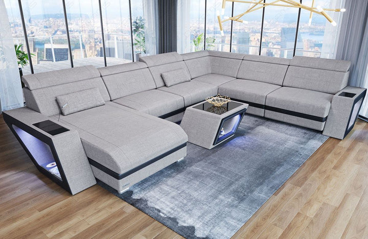 XXL Sofa Catania U Form Mini Stoffsofa mit LED in macchiato - Hugo2 Strukturstoff
