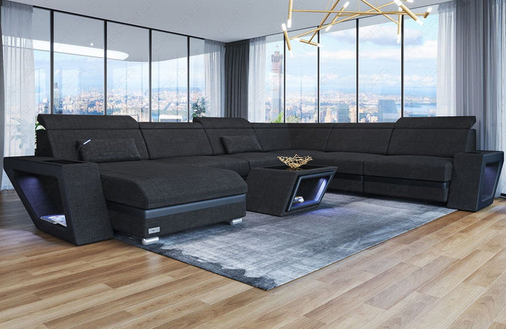 XXL Sofa Catania U Form Mini Stoffsofa mit LED in schwarz - Hugo14 Strukturstoff