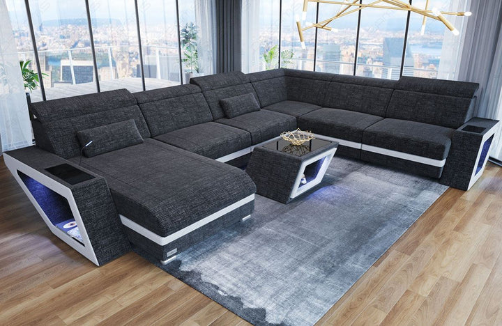 XXL Sofa Catania U Form Mini Stoffsofa mit LED in schwarzgrau - Hugo12 Strukturstoff
