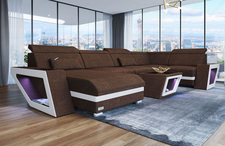 Mini U Form Stoffsofa Catania - Sofa mit USB und LED Licht - in braun - Hugo8 Strukturstoff