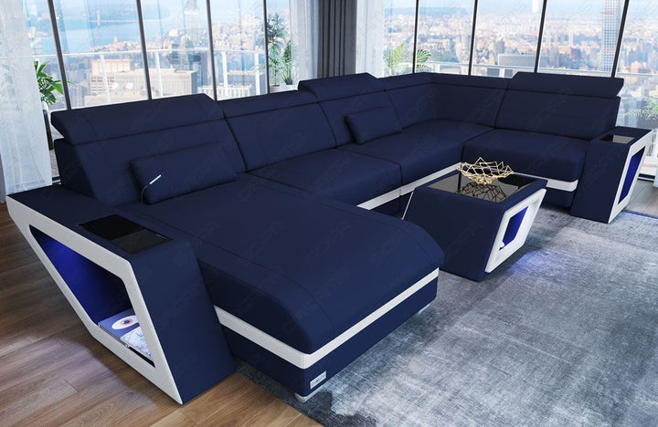 Mini U Form Stoffsofa Catania - Sofa mit USB und LED Licht - in dunkelblau - Mineva17