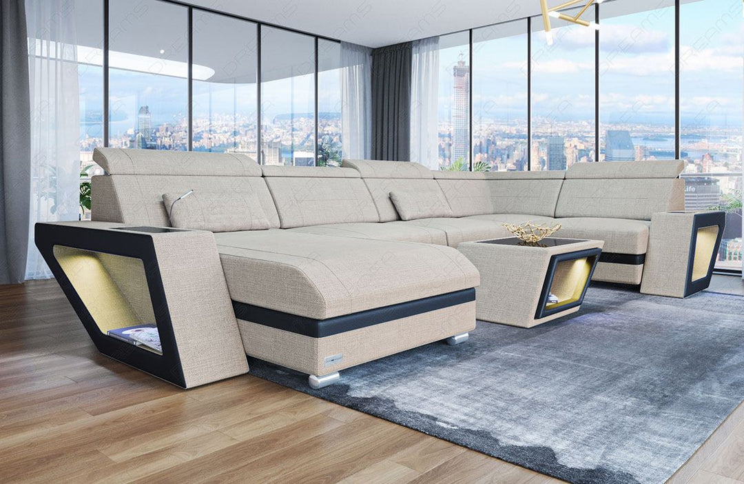 Mini U Form Stoffsofa Catania - Sofa mit USB und LED Licht - in elfenbein - Hugo1 Strukturstoff