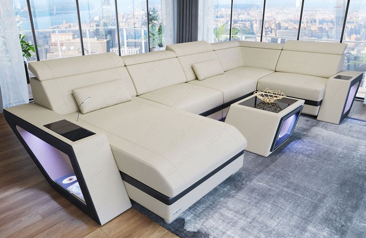 Mini U Form Stoffsofa Catania - Sofa mit USB und LED Licht - in elfenbein - Mineva1