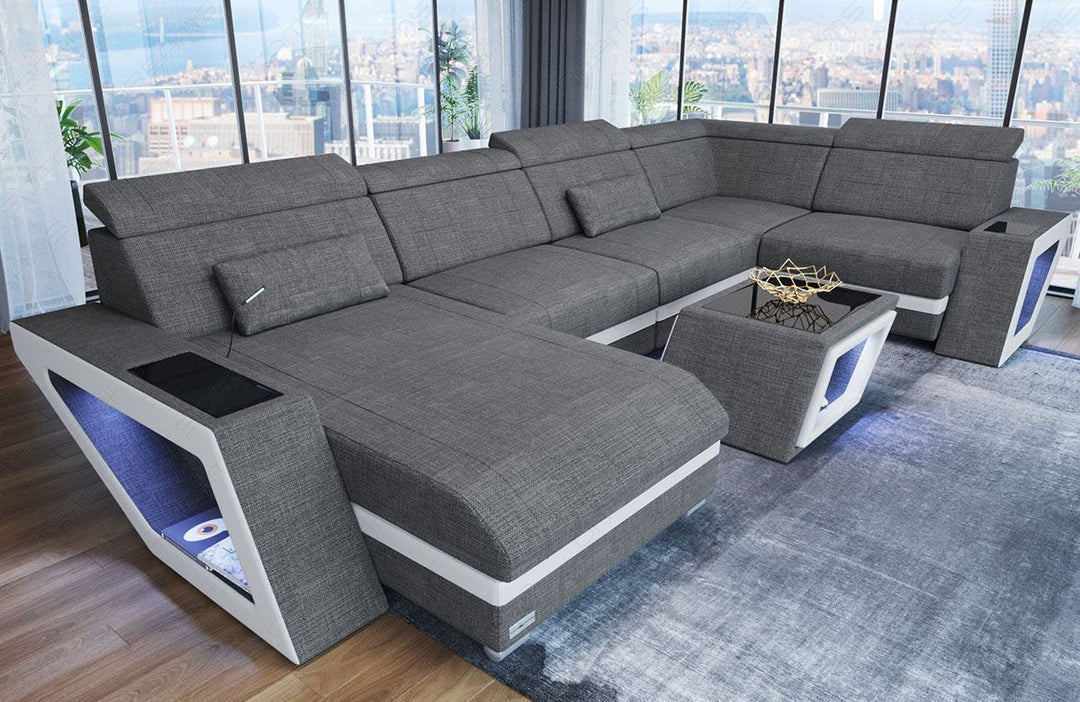 Mini U Form Stoffsofa Catania - Sofa mit USB und LED Licht - in grau - Hugo5 Strukturstoff