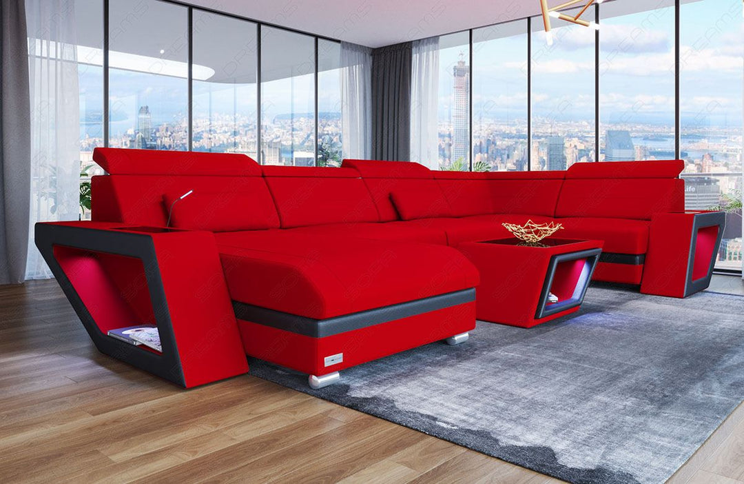Mini U Form Stoffsofa Catania - Sofa mit USB und LED Licht - in rot - Mineva20