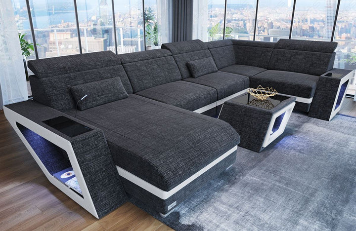 Mini U Form Stoffsofa Catania - Sofa mit USB und LED Licht - in schwarz-grau - Hugo12 Strukturstoff