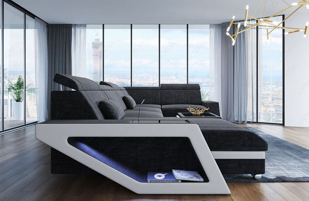 Mini U Form Stoffsofa Catania - Sofa mit USB und LED Licht - in schwarz-grau - Hugo12 Strukturstoff