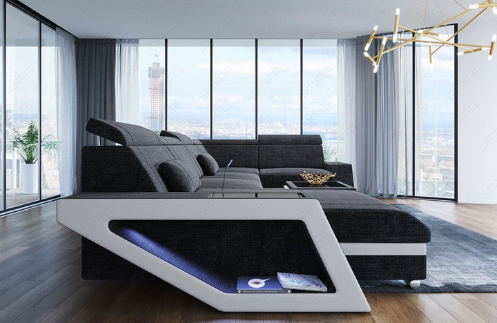 Mini U Form Stoffsofa Catania - Sofa mit USB und LED Licht - in schwarz-grau - Hugo12 Strukturstoff