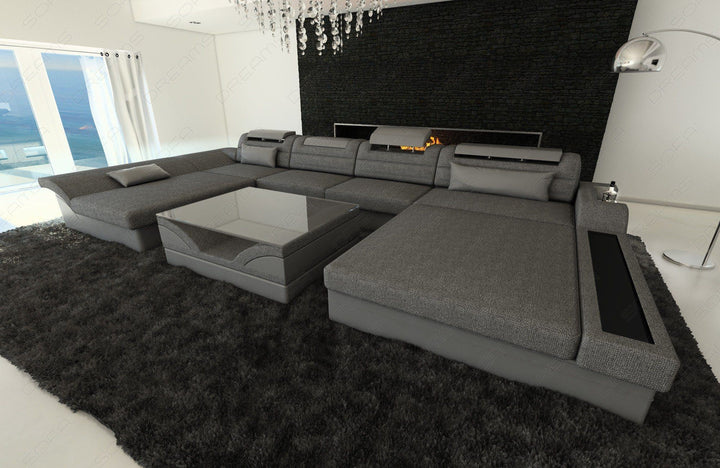 Design Stoff Wohnlandschaft Monza U Form in grau - Hugo5 Strukturstoff