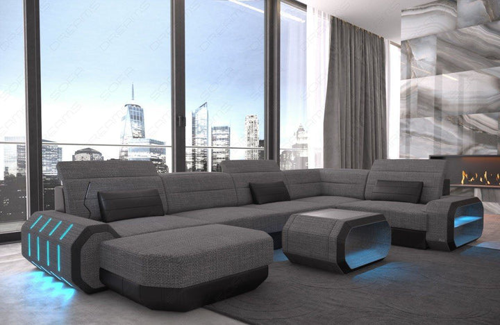 XXL U Form Stoffsofa Roma Mini mit LED in grau - Hugo5 Strukturstoff