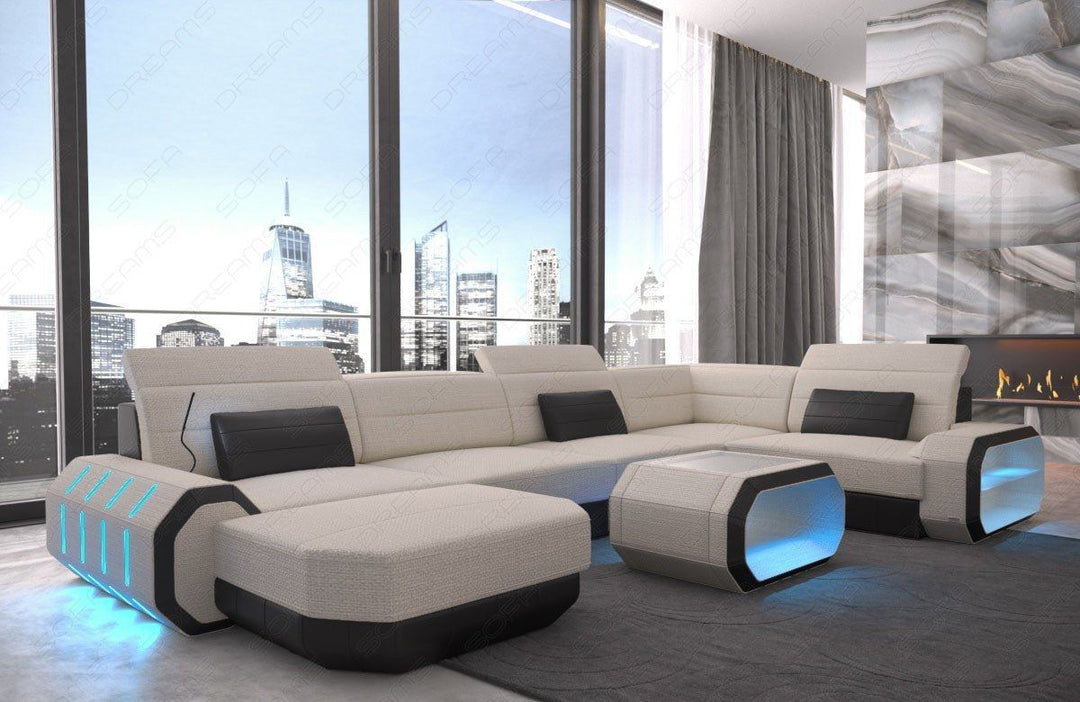 XXL U Form Stoffsofa Roma Mini mit LED in elfenbein - Hugo1 Strukturstoff
