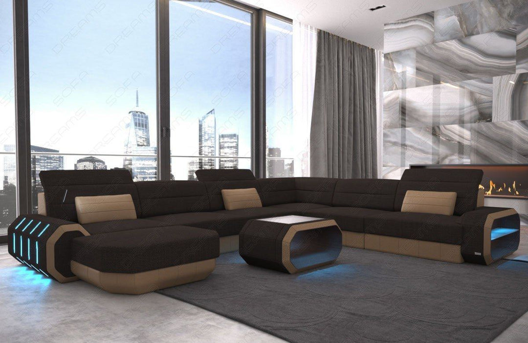 XXL Stoffsofa Roma U Form Sofa Mini mit LED in graubraun - Hugo16 Strukturstoff