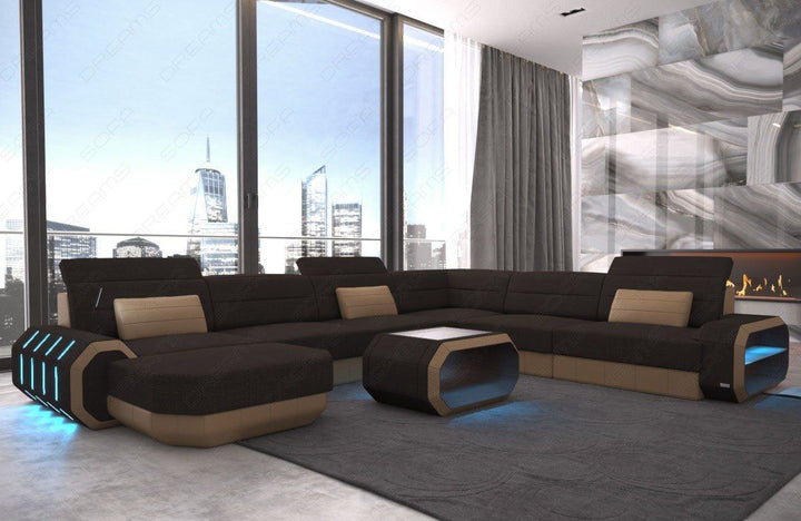 XXL Stoffsofa Roma U Form Sofa Mini mit LED in graubraun - Hugo16 Strukturstoff