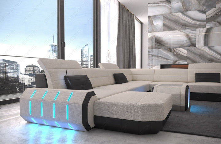 XXL Stoffsofa Roma U Form Sofa Mini mit LED in beige mit LED Beleuchtung - Hugo 1